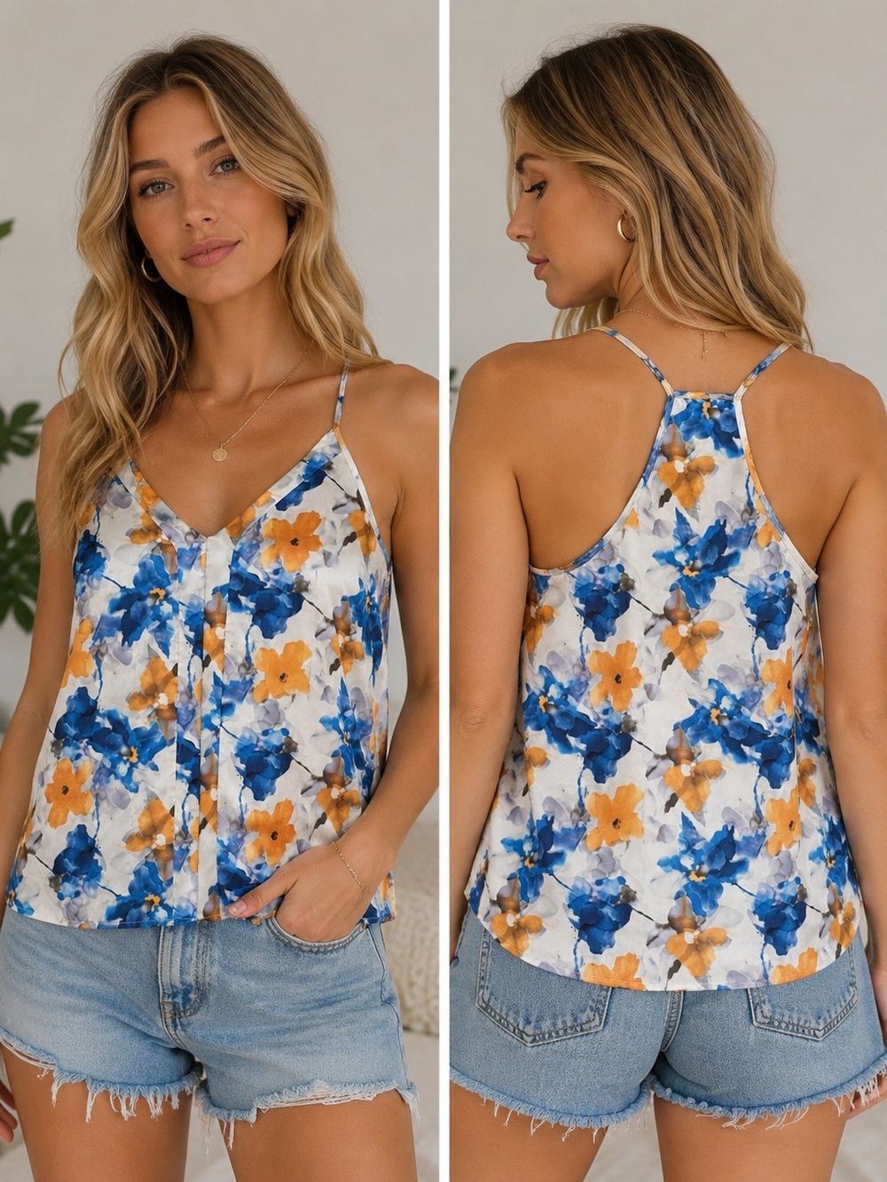 Ekouaer Watercolor Floral Satin Cami Tank Top Women’s Small Boho Summer Vacation